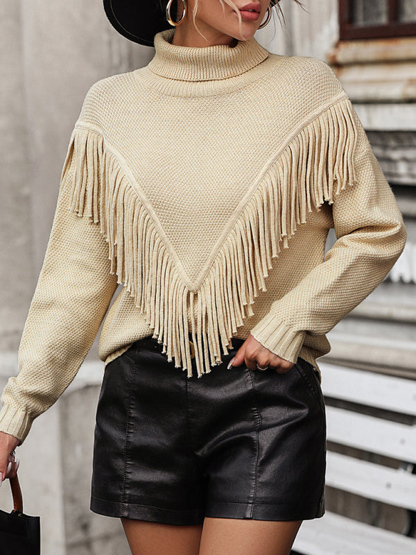 Women's Loose Fringed Sweater Knit Turtleneck Sweater - THE QUEEN RUNWAY
