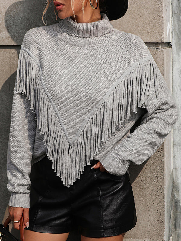 Women's Loose Fringed Sweater Knit Turtleneck Sweater - THE QUEEN RUNWAY