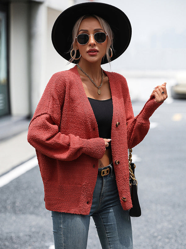 Women's V-neck button solid color knitted cardigan women's coat sweater - THE QUEEN RUNWAY