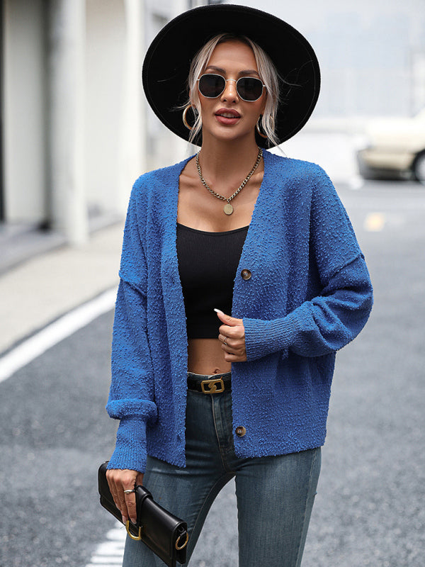 Women's V-neck button solid color knitted cardigan women's coat sweater - THE QUEEN RUNWAY
