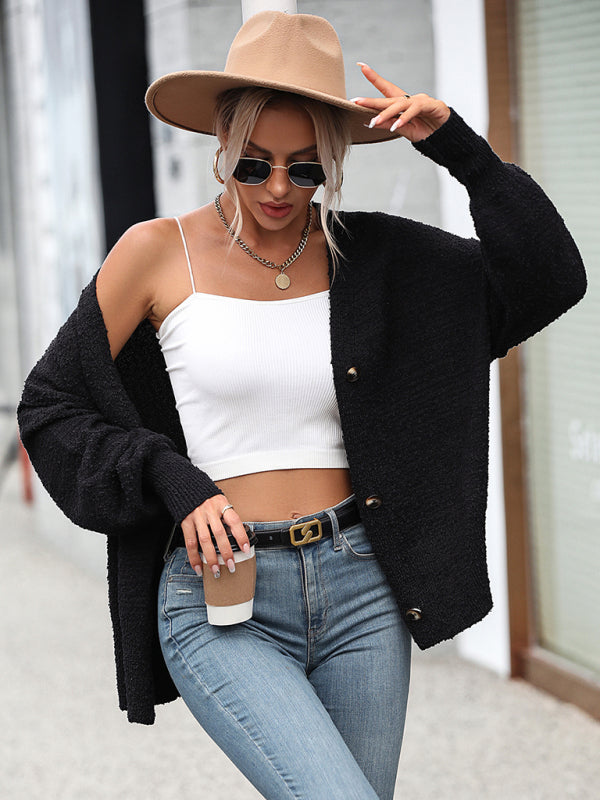 Women's V-neck button solid color knitted cardigan women's coat sweater - THE QUEEN RUNWAY