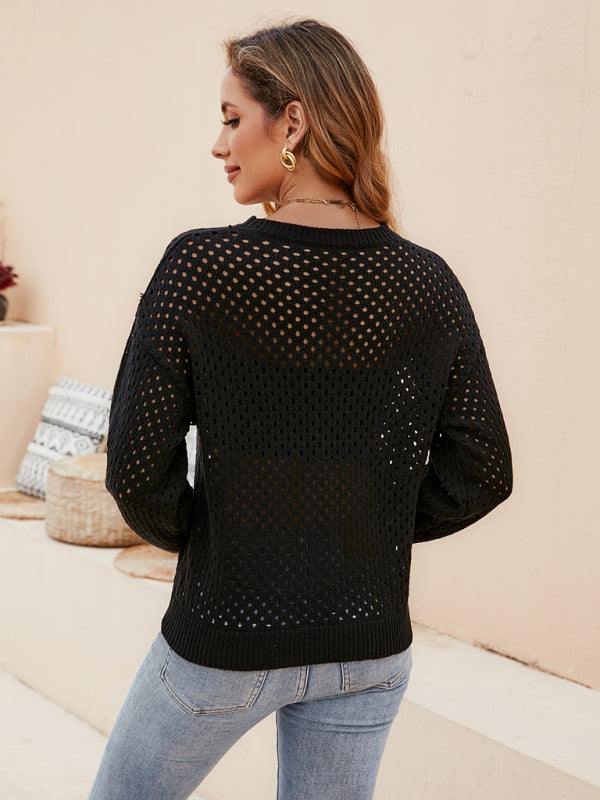Solid Color Women's Knit Cutout Pullover Crew Neck Sweater - THE QUEEN RUNWAY