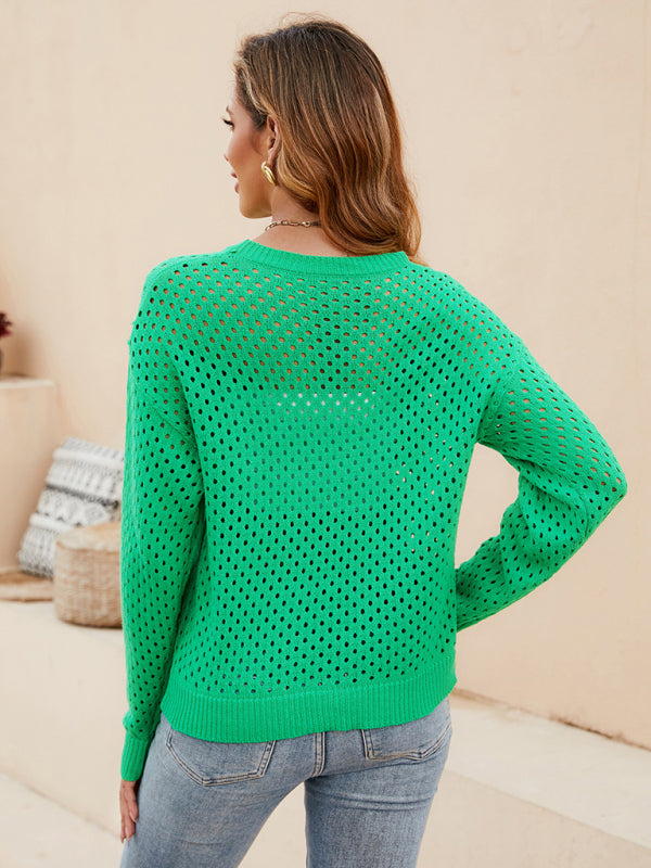 Solid Color Women's Knit Cutout Pullover Crew Neck Sweater - THE QUEEN RUNWAY