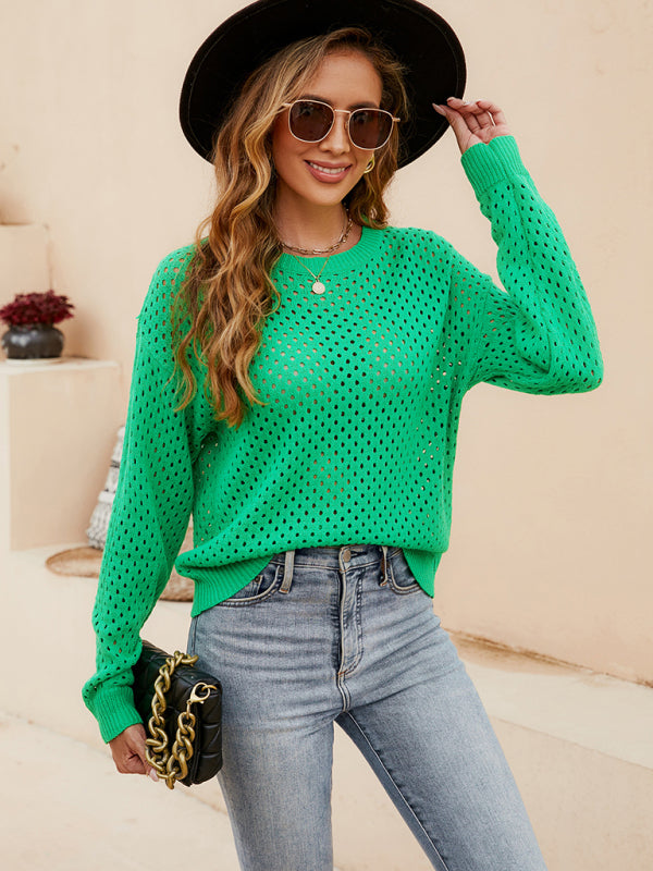 Solid Color Women's Knit Cutout Pullover Crew Neck Sweater - THE QUEEN RUNWAY