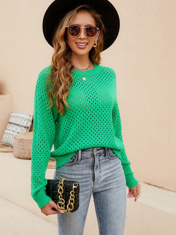 Solid Color Women's Knit Cutout Pullover Crew Neck Sweater - THE QUEEN RUNWAY