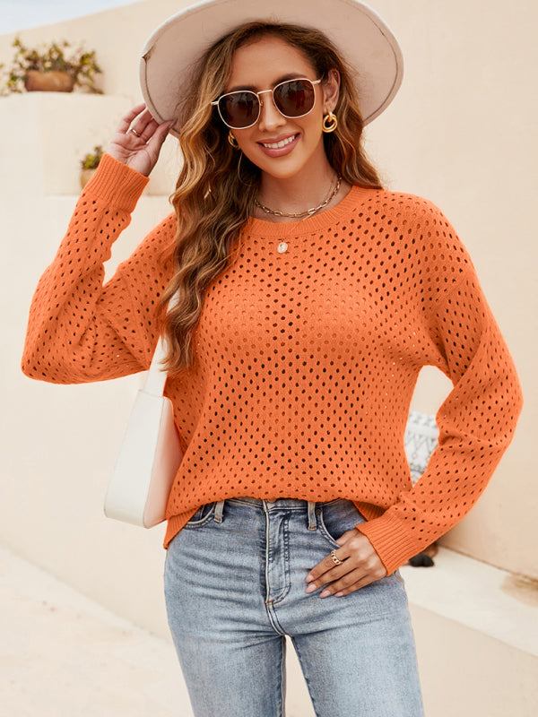 Solid Color Women's Knit Cutout Pullover Crew Neck Sweater - THE QUEEN RUNWAY
