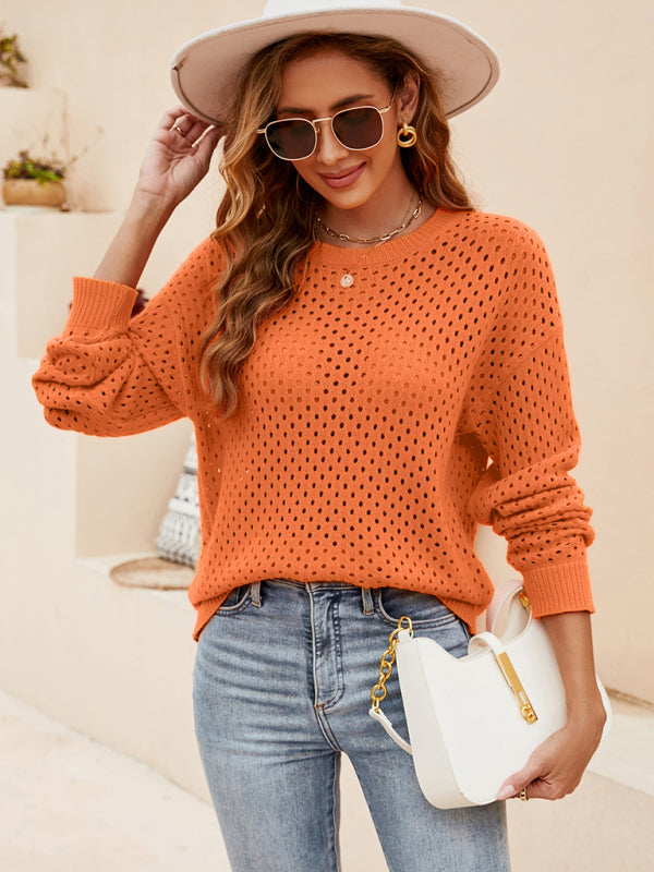 Solid Color Women's Knit Cutout Pullover Crew Neck Sweater - THE QUEEN RUNWAY