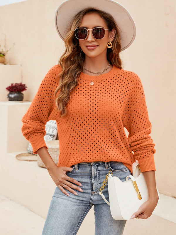 Solid Color Women's Knit Cutout Pullover Crew Neck Sweater - THE QUEEN RUNWAY