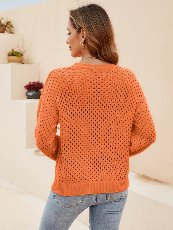Solid Color Women's Knit Cutout Pullover Crew Neck Sweater - THE QUEEN RUNWAY