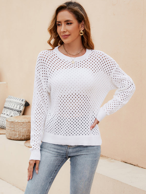 Solid Color Women's Knit Cutout Pullover Crew Neck Sweater - THE QUEEN RUNWAY