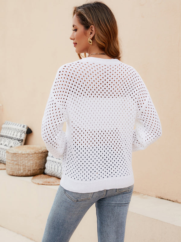 Solid Color Women's Knit Cutout Pullover Crew Neck Sweater - THE QUEEN RUNWAY