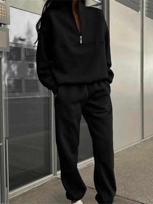 Long Sleeve Zipper Stand Collar Sweater Comfortable Loose Sports Leisure Sweater Two-piece Set - THE QUEEN RUNWAY