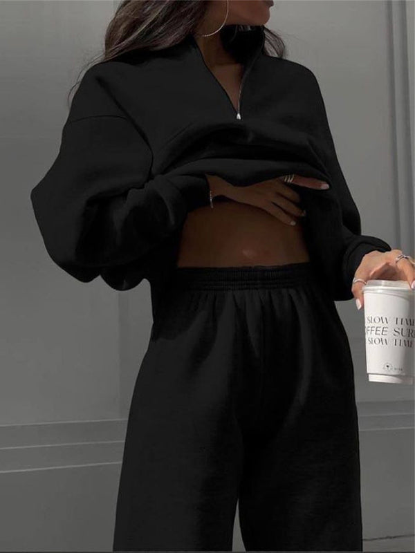 Long Sleeve Zipper Stand Collar Sweater Comfortable Loose Sports Leisure Sweater Two-piece Set - THE QUEEN RUNWAY