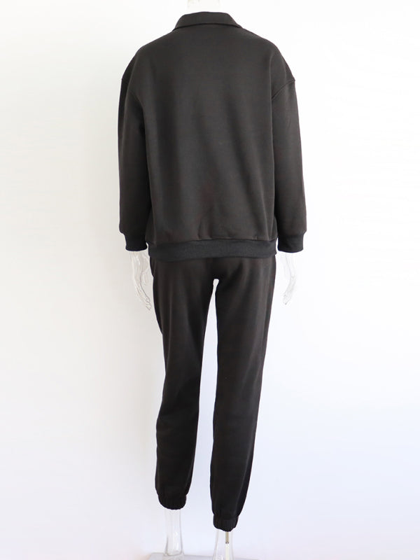 Long Sleeve Zipper Stand Collar Sweater Comfortable Loose Sports Leisure Sweater Two-piece Set - THE QUEEN RUNWAY