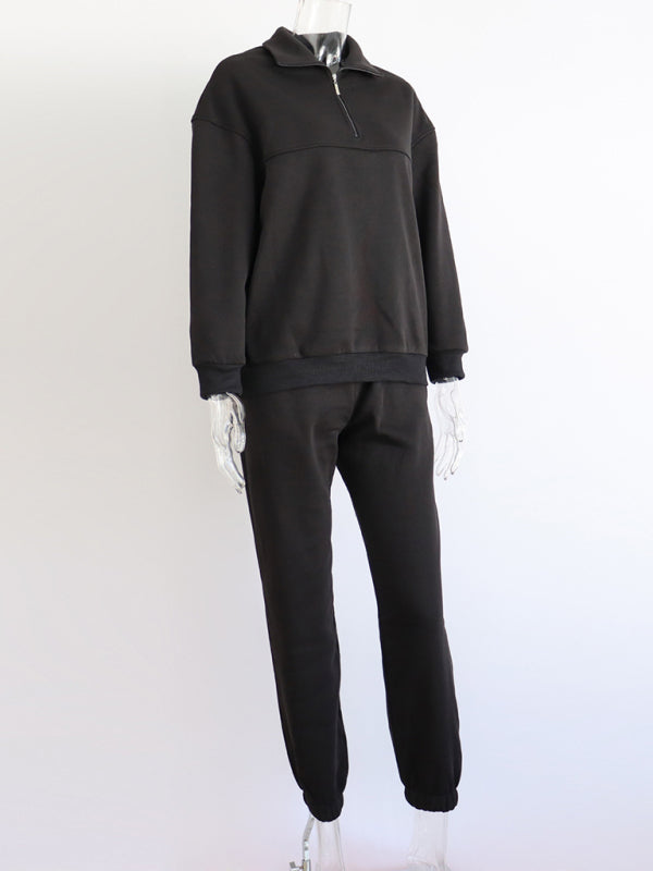 Long Sleeve Zipper Stand Collar Sweater Comfortable Loose Sports Leisure Sweater Two-piece Set - THE QUEEN RUNWAY