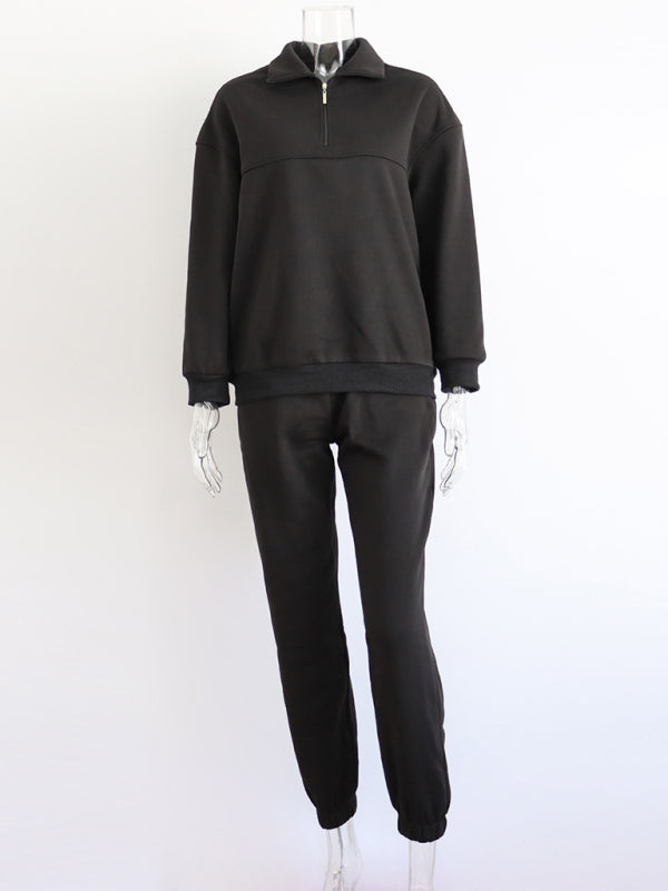Long Sleeve Zipper Stand Collar Sweater Comfortable Loose Sports Leisure Sweater Two-piece Set - THE QUEEN RUNWAY