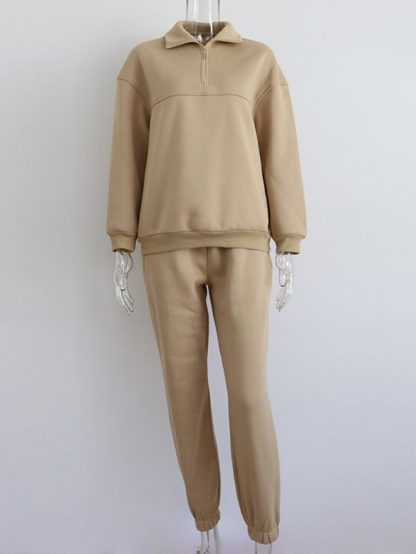 Long Sleeve Zipper Stand Collar Sweater Comfortable Loose Sports Leisure Sweater Two-piece Set - THE QUEEN RUNWAY