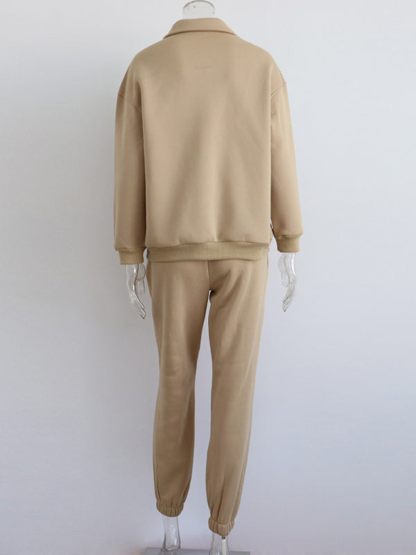 Long Sleeve Zipper Stand Collar Sweater Comfortable Loose Sports Leisure Sweater Two-piece Set - THE QUEEN RUNWAY