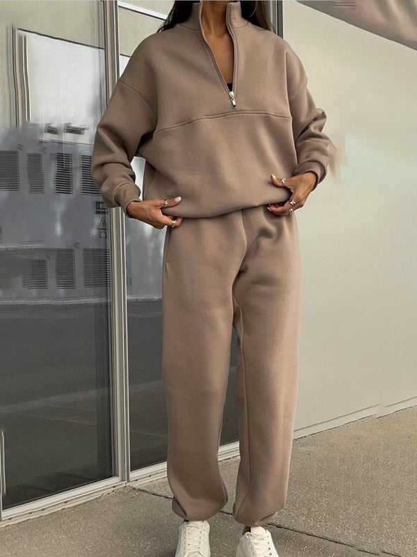 Long Sleeve Zipper Stand Collar Sweater Comfortable Loose Sports Leisure Sweater Two-piece Set - THE QUEEN RUNWAY