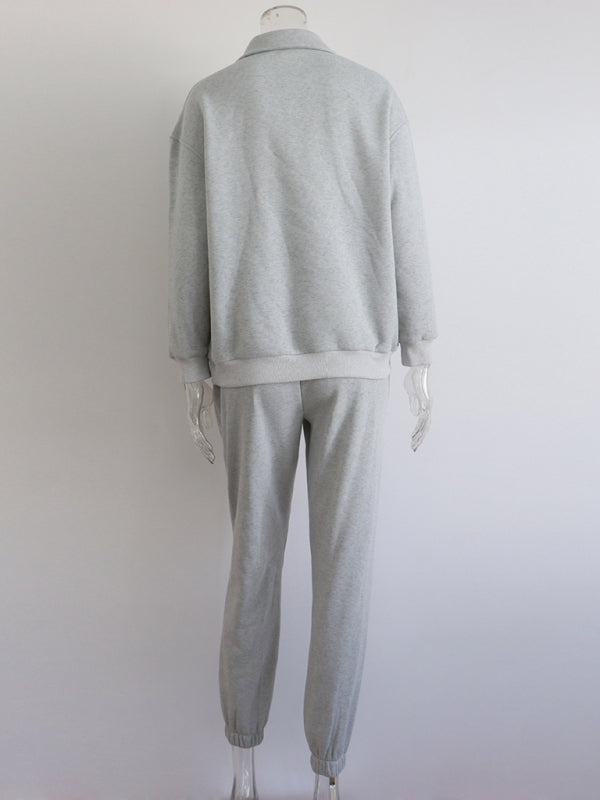 Long Sleeve Zipper Stand Collar Sweater Comfortable Loose Sports Leisure Sweater Two-piece Set - THE QUEEN RUNWAY