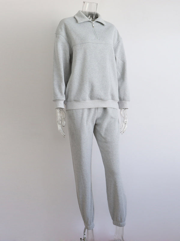 Long Sleeve Zipper Stand Collar Sweater Comfortable Loose Sports Leisure Sweater Two-piece Set - THE QUEEN RUNWAY