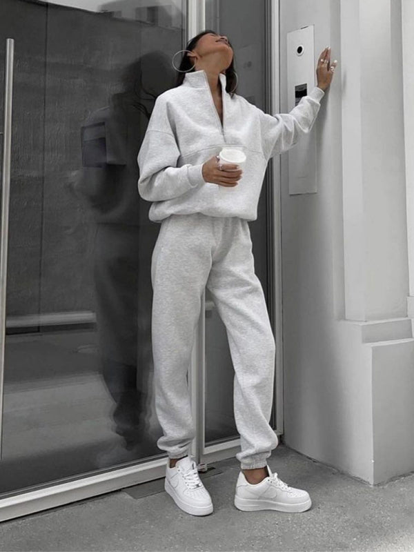 Long Sleeve Zipper Stand Collar Sweater Comfortable Loose Sports Leisure Sweater Two-piece Set - THE QUEEN RUNWAY