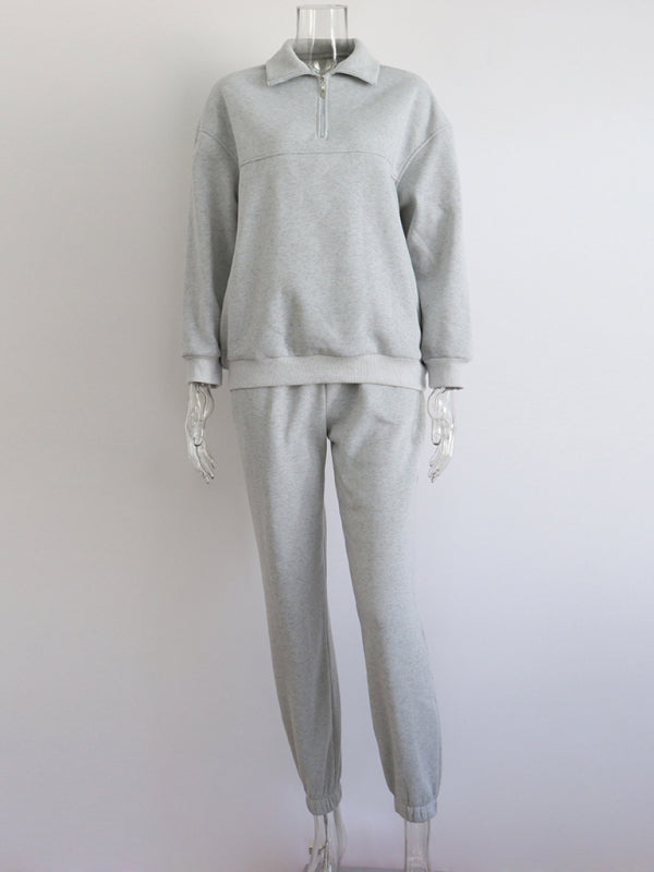 Long Sleeve Zipper Stand Collar Sweater Comfortable Loose Sports Leisure Sweater Two-piece Set - THE QUEEN RUNWAY