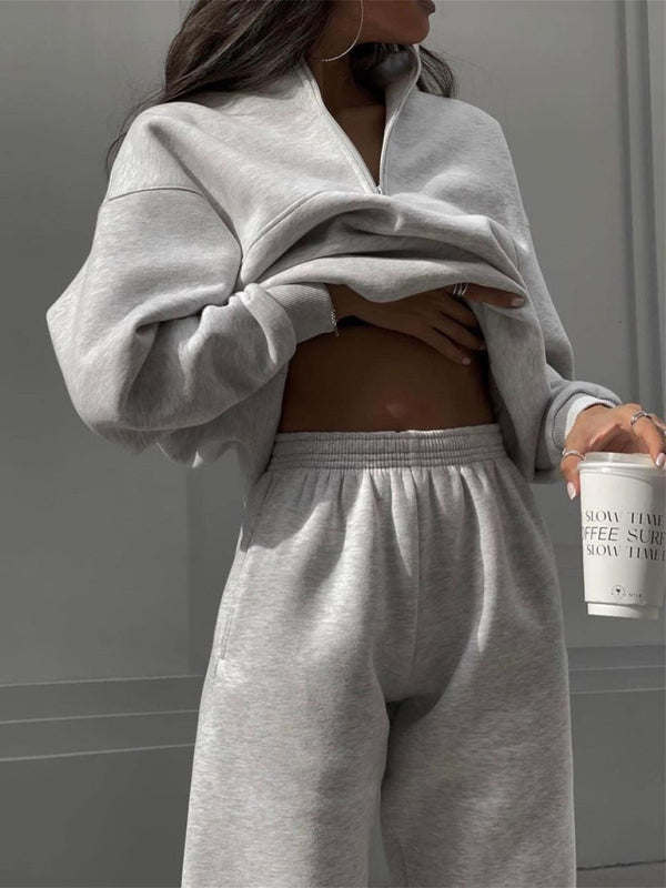 Long Sleeve Zipper Stand Collar Sweater Comfortable Loose Sports Leisure Sweater Two-piece Set - THE QUEEN RUNWAY