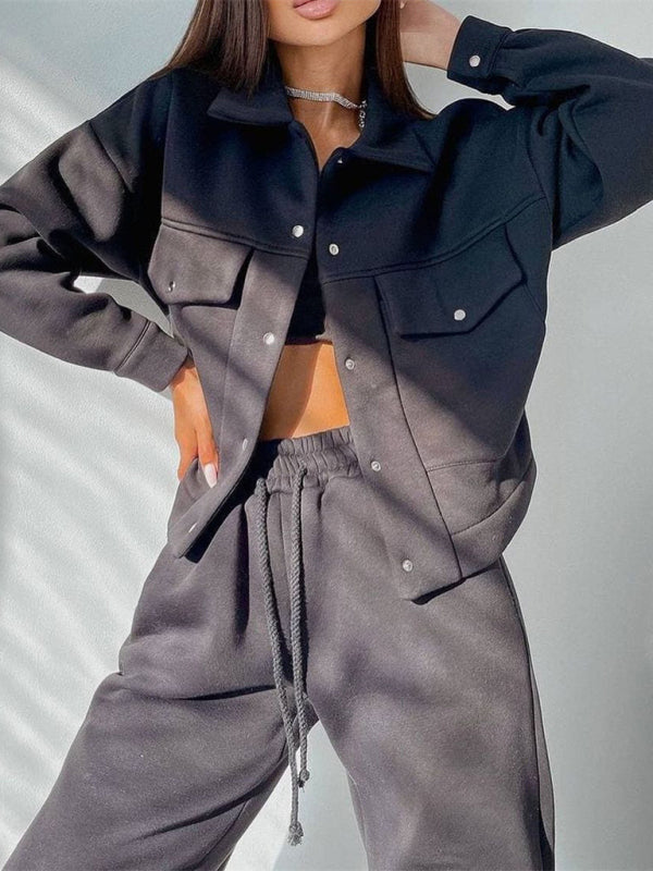 Solid color women's jacket jacket casual trousers suit long-sleeved jacket sweater two-piece suit - THE QUEEN RUNWAY