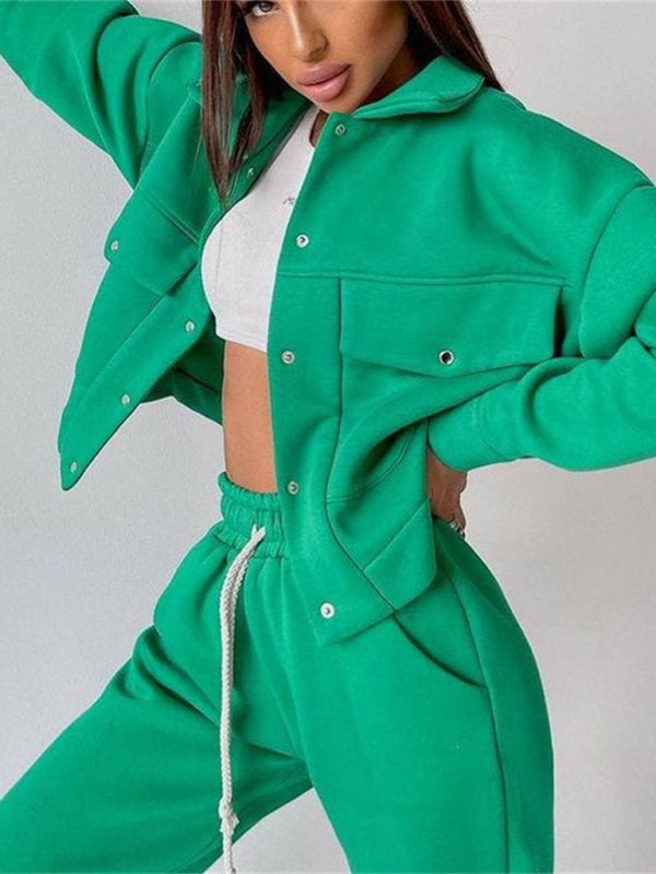 Solid color women's jacket jacket casual trousers suit long-sleeved jacket sweater two-piece suit - THE QUEEN RUNWAY