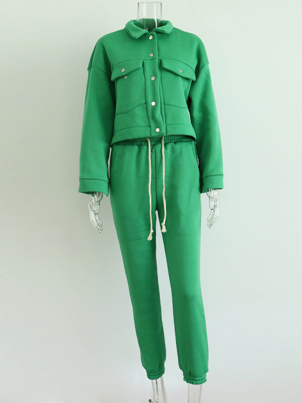 Solid color women's jacket jacket casual trousers suit long-sleeved jacket sweater two-piece suit - THE QUEEN RUNWAY