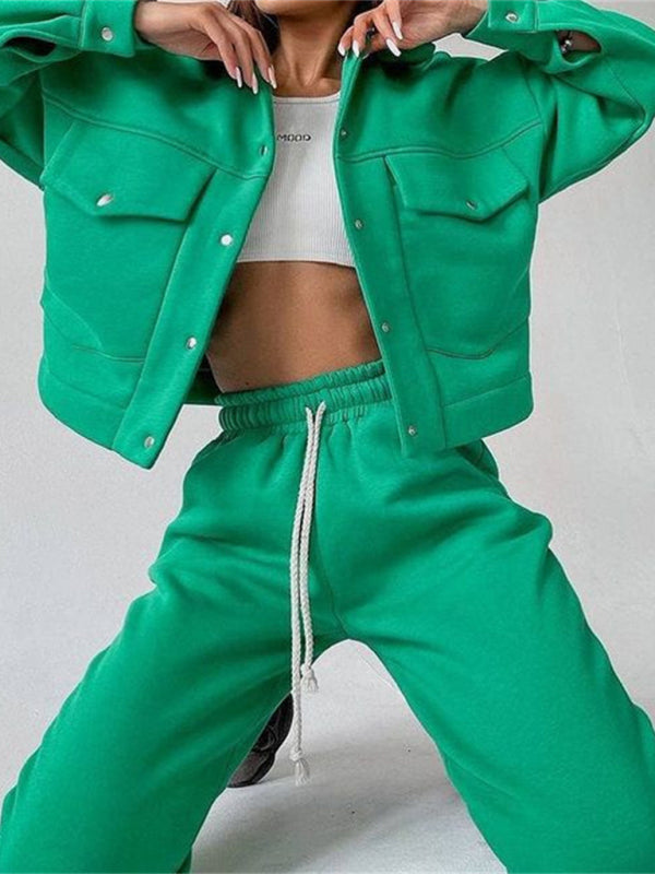 Solid color women's jacket jacket casual trousers suit long-sleeved jacket sweater two-piece suit - THE QUEEN RUNWAY