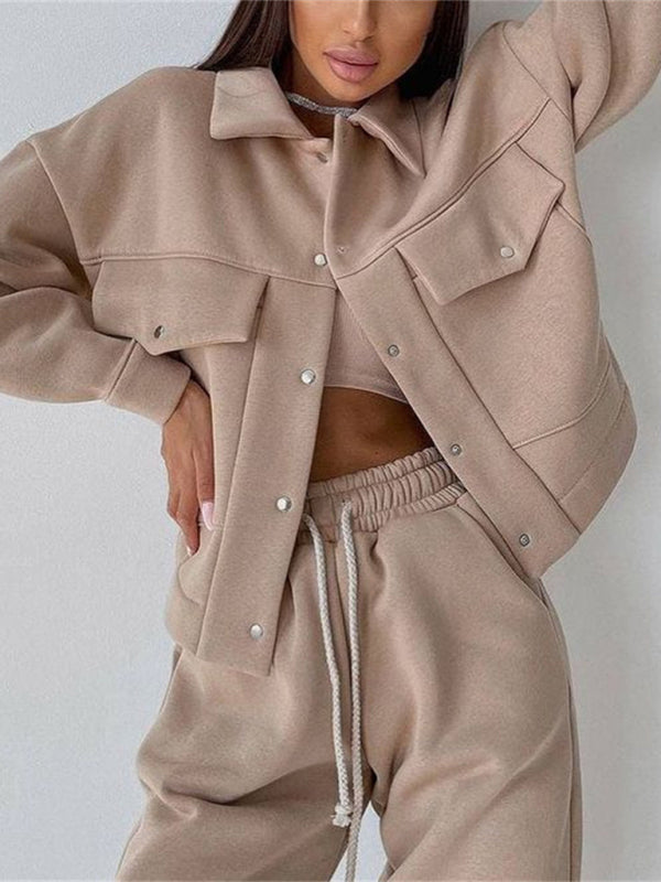 Solid color women's jacket jacket casual trousers suit long-sleeved jacket sweater two-piece suit - THE QUEEN RUNWAY