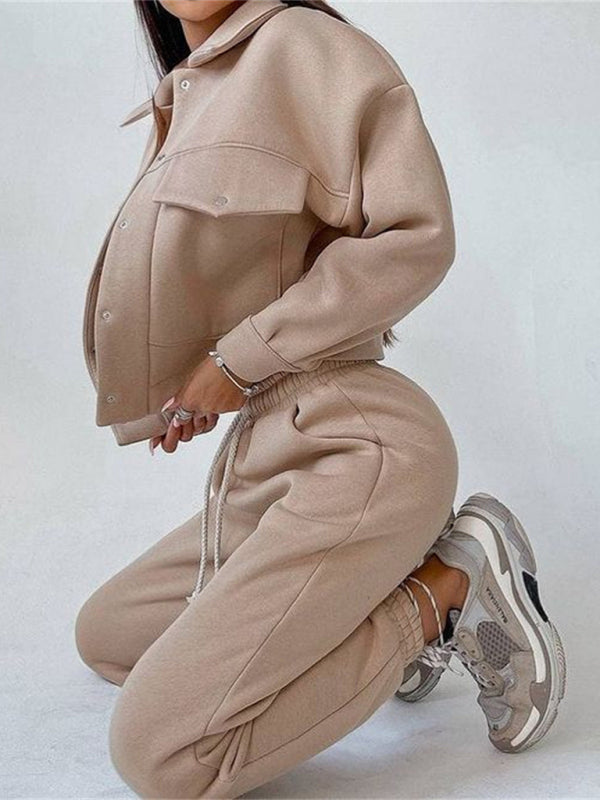 Solid color women's jacket jacket casual trousers suit long-sleeved jacket sweater two-piece suit - THE QUEEN RUNWAY
