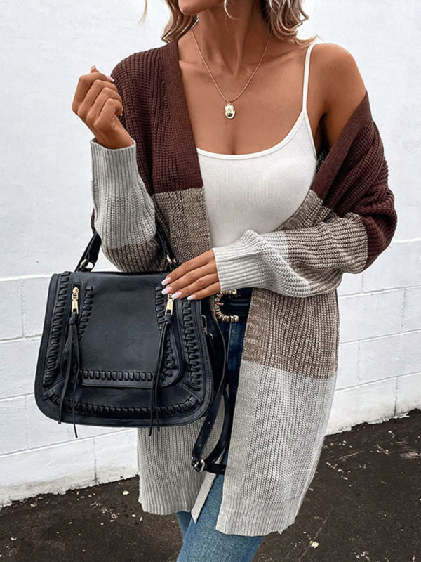 Fashion women's autumn and winter new long-sleeved color-blocking long sweater cardigan - THE QUEEN RUNWAY