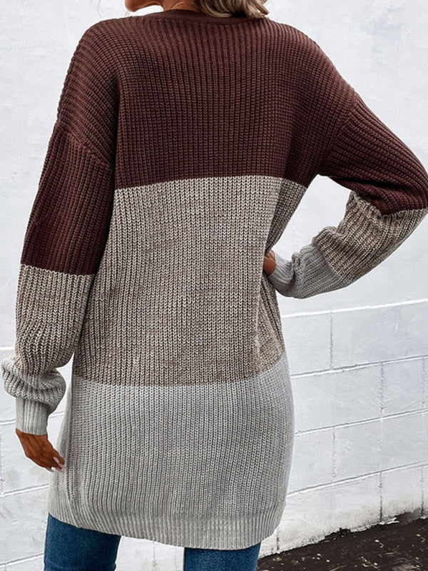 Fashion women's autumn and winter new long-sleeved color-blocking long sweater cardigan - THE QUEEN RUNWAY