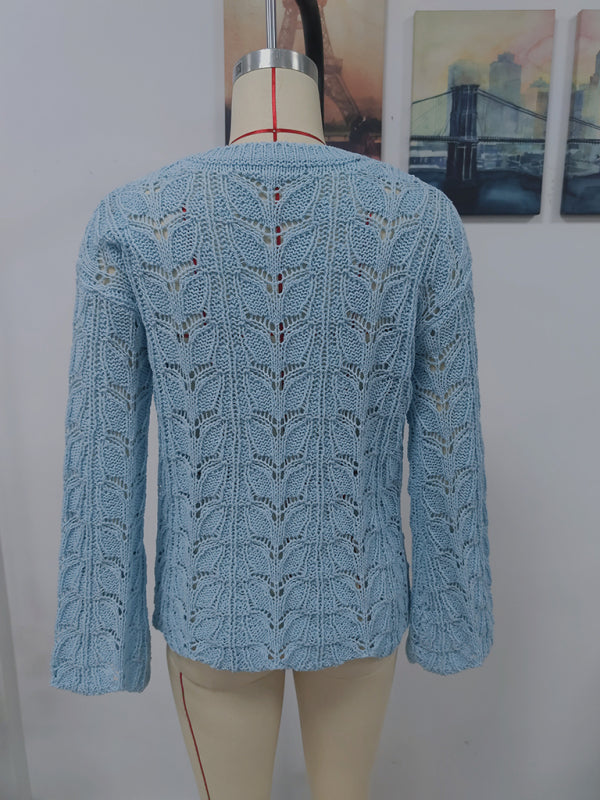 Trumpet sleeve hollow pullover round neck loose sweater women - THE QUEEN RUNWAY