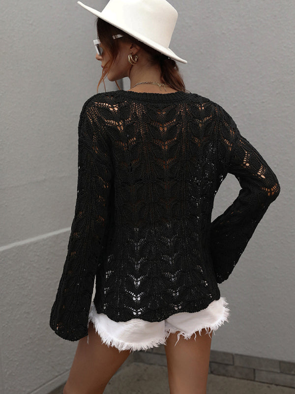 Trumpet sleeve hollow pullover round neck loose sweater women - THE QUEEN RUNWAY