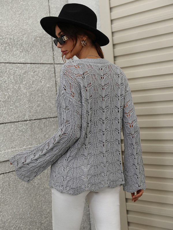 Trumpet sleeve hollow pullover round neck loose sweater women - THE QUEEN RUNWAY