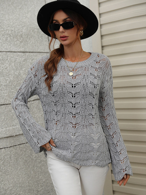 Trumpet sleeve hollow pullover round neck loose sweater women - THE QUEEN RUNWAY