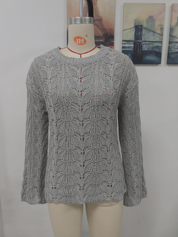 Trumpet sleeve hollow pullover round neck loose sweater women - THE QUEEN RUNWAY