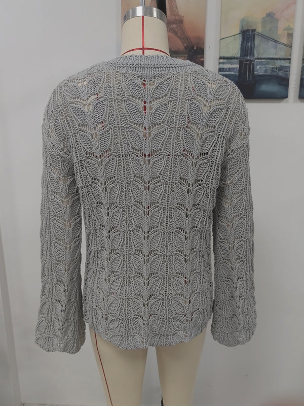 Trumpet sleeve hollow pullover round neck loose sweater women - THE QUEEN RUNWAY