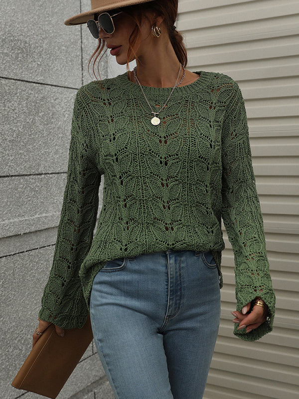 Trumpet sleeve hollow pullover round neck loose sweater women - THE QUEEN RUNWAY