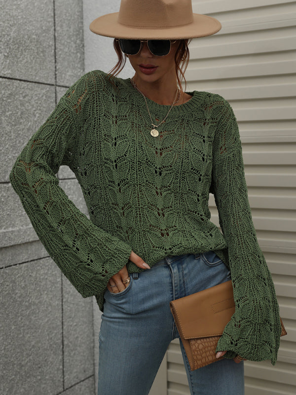 Trumpet sleeve hollow pullover round neck loose sweater women - THE QUEEN RUNWAY