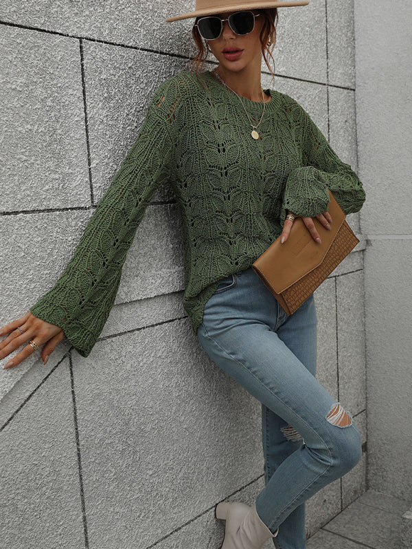 Trumpet sleeve hollow pullover round neck loose sweater women - THE QUEEN RUNWAY