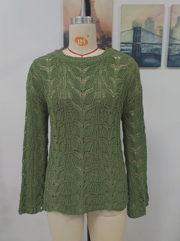 Trumpet sleeve hollow pullover round neck loose sweater women - THE QUEEN RUNWAY