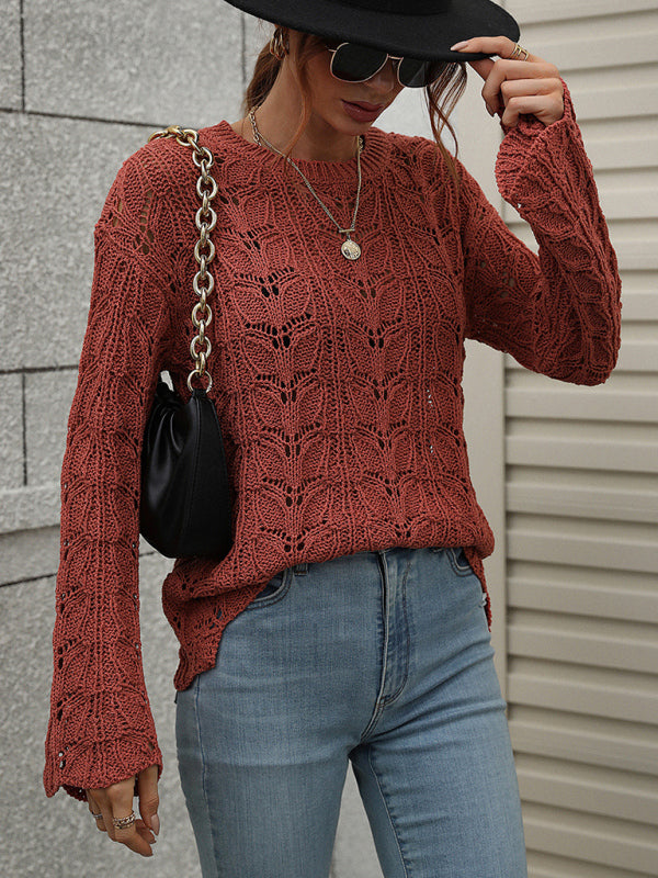 Trumpet sleeve hollow pullover round neck loose sweater women - THE QUEEN RUNWAY
