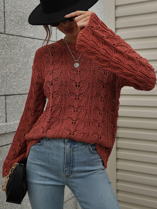 Trumpet sleeve hollow pullover round neck loose sweater women - THE QUEEN RUNWAY