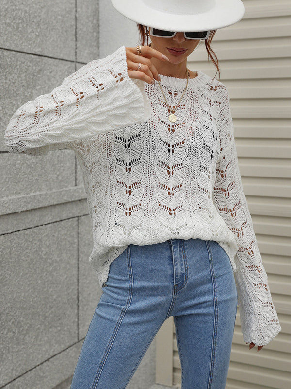 Trumpet sleeve hollow pullover round neck loose sweater women - THE QUEEN RUNWAY