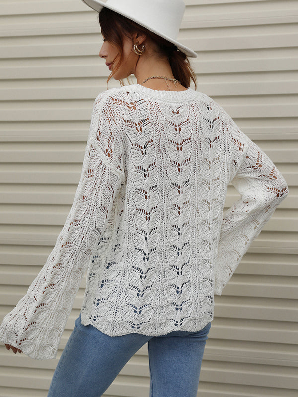 Trumpet sleeve hollow pullover round neck loose sweater women - THE QUEEN RUNWAY
